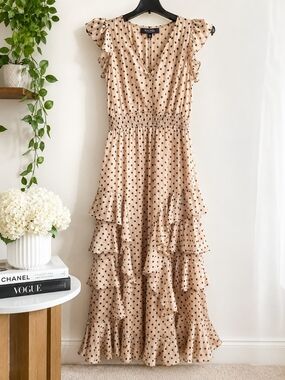 Rachel Roy Polka Dot Ruffle Maxi Dress in Pink Beige, Size S